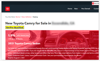 '2021 Toyota Camry' banner screenshot